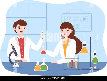 Laboratorium mit der Durchführung von Forschung wissenschaftlich, Experimentieren und Messen in einem Labor in flachen Cartoon Handgezeichnete Vorlagen Illustration Stock Vektor