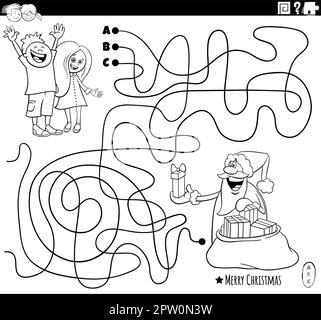 Labyrinth mit Weihnachtsmann mit Geschenken und Malseiten für Kinder Stock Vektor