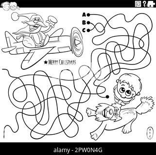 Labyrinth mit dem Weihnachtsmann in einem Flugzeug und Männermalerei-Seite Stock Vektor