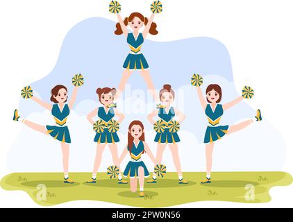 Cheerleader Mädchen mit Pompoms von Tanzen und Springen zu unterstützen Team Sport während des Wettbewerbs auf flache Cartoon Hand Drawn Vorlagen Illustration Stock Vektor