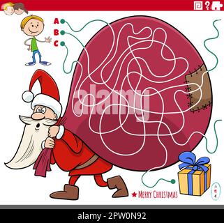 Labyrinth-Spiel mit Cartoon Santa Claus mit einem Sack Geschenke und einem Jungen Stock Vektor
