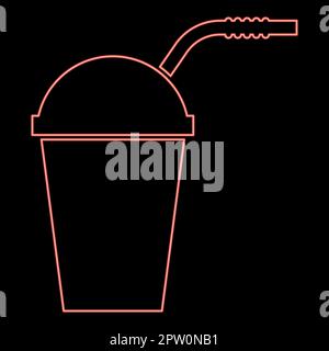Geschlossener Behälter in Neon für heiße kalte Getränke mit strohroten Vektorfarben, Abbildung flach Stock Vektor