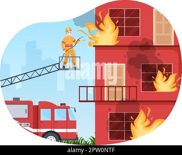 Feuerwehr mit Feuerwehrleuten, die Haus, Wald löschen und Menschen in verschiedenen Situationen helfen in flacher Hand gezeichneter Cartoon Illustration Stock Vektor
