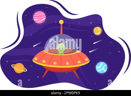 UFO fliegendes Raumschiff mit Lichtstrahlen in Sky Night City View und Alien in Flat Cartoon Handgezeichnete Vorlagen Illustration Stock Vektor