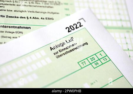 Anlage LUF - Deutsch 2022 Berechnung von Überschusseinnahmen und Informationen zur Ermittlung von Gewinnen aus der Forstwirtschaft. Das Konzept der Besteuerung und Buchhalter paperw Stockfoto