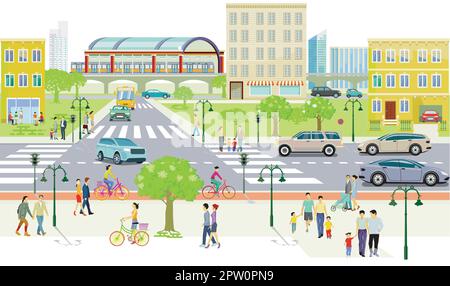 Menschen auf dem Fußgängerweg und Straßenverkehr im Wohnviertel, Illustration Stock Vektor