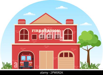 Feuerwehr mit Feuerwehrleuten, die Haus, Wald löschen und Menschen in verschiedenen Situationen helfen in flacher Hand gezeichneter Cartoon Illustration Stock Vektor