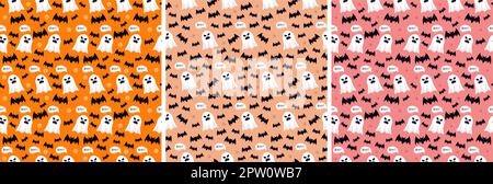 Set von Halloween Nahtloses Musterdesign mit Hexe, Haunted House, Kürbisse oder Fledermäuse in Vorlage Hand gezeichnet Cartoon flache Illustration Stock Vektor