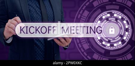 Handschriftlicher Text Kickoff Meeting, Wort für Sonderdiskussion über die Legalität des Projekts Stockfoto