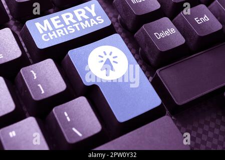 Textunterschrift präsentiert frohe Weihnachten, Konzept bedeutet jährliche Tradition zur Feier der Geburt Jesu Christi Stockfoto