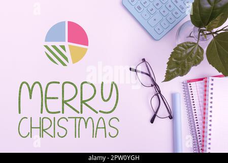 Textunterschrift präsentiert frohe Weihnachten, Internetkonzept jährliche Tradition zur Feier der Geburt von Jesus Christus Stockfoto