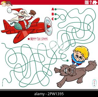 Labyrinth-Spiel mit Cartoon Santa Claus im Flugzeug und Junge Stock Vektor