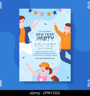Happy New Year Festliche Einladung Flache Cartoon Hand Gezeichnet Vorlagen Illustration Stock Vektor