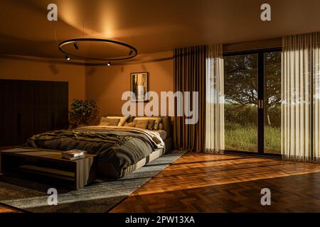 Blick aus einem modernen Schlafzimmer in einen Garten mit einem Baum an einem sonnigen Abend - Illustration aus dem Jahr 3D Stockfoto
