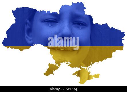 Weinendes ukrainisches Kind wegen des Krieges Stockfoto