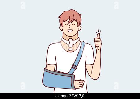 Positiver junger Mann mit gebrochenem Arm und orthopädischem Kragen zeigt Daumen hoch. Vektorbild Stock Vektor