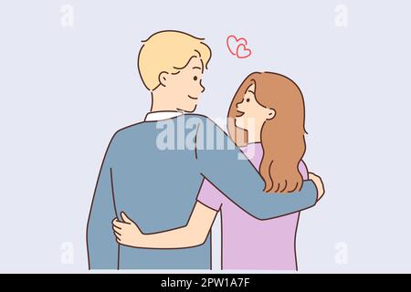 Glückliches junges Paar, das sich umarmt. Lächelnder Mann und lächelnde Frau, die sich in Liebe umarmen. Romantische Dates und Beziehungen. Vektordarstellung. Stockfoto