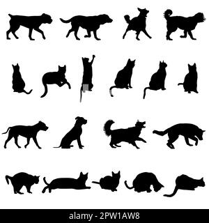 Silhouette von Hunden und Katzen auf weißem Hintergrund isoliert Stockfoto