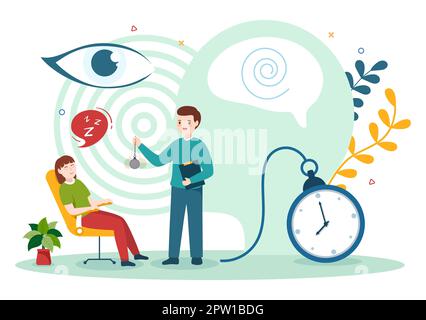 Hypnose mit Schwarz-Weiß-Spiralen, die einen veränderten Geisteszustand für Behandlungsdienste in einer flachen, handgezeichneten Schablone erzeugen Stockfoto