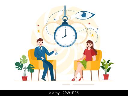 Hypnose mit Schwarz-Weiß-Spiralen, die einen veränderten Geisteszustand für Behandlungsdienste in einer flachen, handgezeichneten Schablone erzeugen Stockfoto