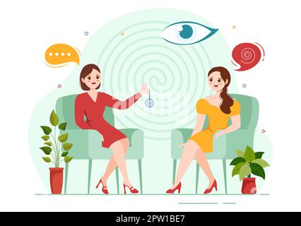 Hypnose mit Schwarz-Weiß-Spiralen, die einen veränderten Geisteszustand für Behandlungsdienste in einer flachen, handgezeichneten Schablone erzeugen Stockfoto
