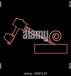 Neonholzhammer mit Meißel mit Oberflächenspäne verwenden Arm Holzbearbeitungswerkzeug Werkstattfräse rote Farbvektordarstellung flache Darstellung Stock Vektor