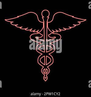 Neon Caduceus Gesundheitssymbol asclepius Zauberstab rot Vektor Abbildung flacher Stil Stock Vektor