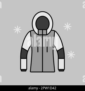 Winterjacke isoliertes Graustufensymbol. Winterschild. Diagrammsymbol für Reise- und Tourismus-Website und -Apps-Design, Logo, App, UI Stockfoto
