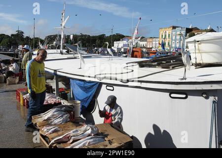 Am faszinierendsten Ort im Amazonasgebiet Belem nördlich von Brasilien arbeiten Menschen, die Fisch verkaufen, ist der Flussmarkt Ver-o-Peso ( Check-the-Weight) am 28. April 2023. Der Ver-o-Peso-Markt ist seit 396 Jahren die größte Open-Air-Messe in Lateinamerika, die Hauptausstellung für Produkte von Amazon. (Foto: Paulo Amorim/Sipa USA) Guthaben: SIPA USA/Alamy Live News Stockfoto