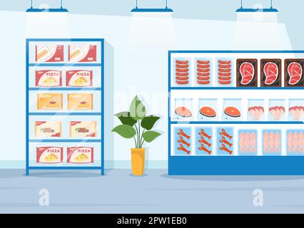 Frozen Food Store mit Produkten, die mit Folie und Beutel gesaugt werden, um frisch zu sein in handgezeichneter Cartoon-Vorlage Illustration Stock Vektor