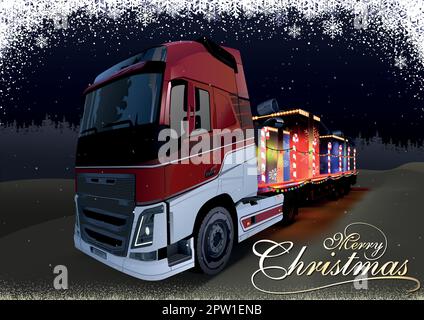 Weihnachtskarte mit LKW und Anhänger voller Geschenke Stock Vektor