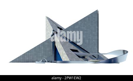 Futuristische Architektur mit dreieckigen Strukturen aus Beton und Glas, isoliert auf Weiß, mit dem Schnittpfad in der Abbildung Stockfoto