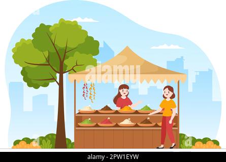 Gewürzgeschäft mit verschiedenen heißen Gewürzen, Gewürzen, exotischen frischen Gewürzen und traditionellen Kräutern in Flat Cartoon Handgezeichnete Vorlagen Illustration Stock Vektor