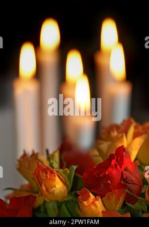 Frische bunte Rosen mit brennenden Kerzen im Hintergrund vor dunklem Copyspace. Eine romantische Geste, Vorschlag, Valentinstag, Geburtstagsfeier oder Stockfoto