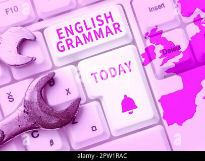 Die Textunterschrift zeigt die englische Grammatik, Word für Kurse deckt alle Ebenen des Sprech- und Schreibens in englisch ab Stockfoto
