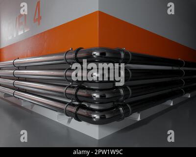 Saubere, moderne Flurecke mit Edelstahlrohrleitungen. Digitales 3D-Rendering. Stockfoto