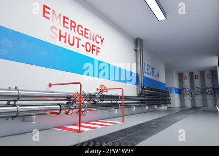 Sauberer, moderner Flur mit Edelstahlrohrleitungen und roten Notventilen. Digitales 3D-Rendering. Stockfoto