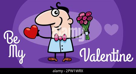 Valentinstag-Design mit Cartoon-Mann mit Herz und Blumen Stock Vektor