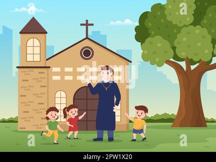 Pastor spielt mit einigen Kindern vor der inneren katholischen Kirche in flacher Cartoon Hand Drawn Template Illustration Stock Vektor