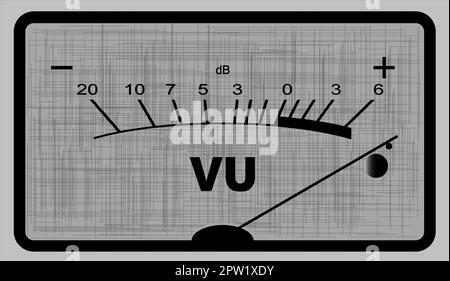 Ein typische analoge Audio-Meter, wie gefunden auf alten Tonbandgeräten mit der Nadel in den roten Zahlen Stockfoto