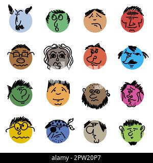 Farbige Doodle Heads. Runde Comic-Gesichter mit verschiedenen Emotionen. Zeichenstil. Verschiedene bunte Charaktere. Leute im Cartoon-Stil. Handgezeichnet t t Stockfoto