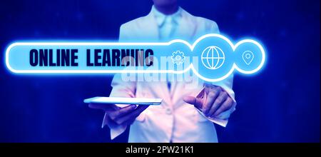 Schild mit der Aufschrift Online Learning, Business Showcase Larning mit Hilfe des Internets und eines Computers Stockfoto
