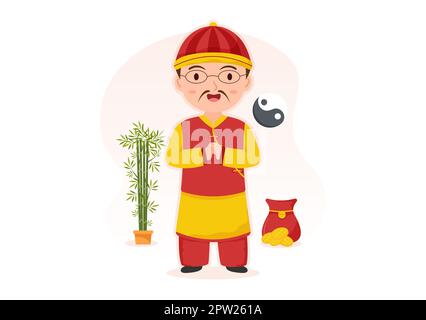 Feng Shui Oriental Philosophie mit Stones, People and Plants for positive Energy von fünf Elementen in Flat Cartoon Hand Drawn Templates Illustration Stockfoto