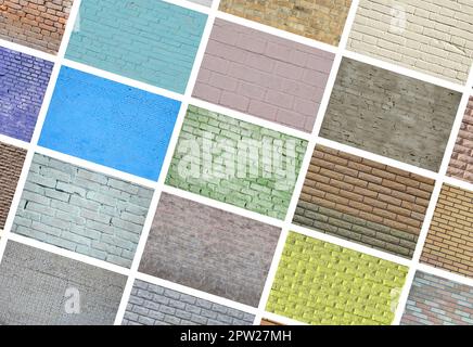 Eine Collage von vielen Bildern mit Fragmenten von Mauerwerk in verschiedenen Farben. Bilder mit Sorten von Mauerwerk Stockfoto