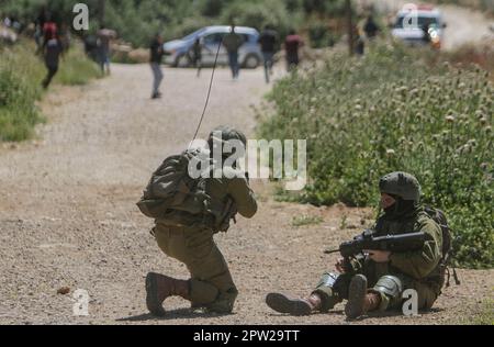 Nablus, Palästina. 28. April 2023. Israelische Soldaten unterdrücken palästinensische Demonstranten während der Demonstration gegen israelische Siedlungen im Dorf Beit Dajan in der Nähe der Stadt Nablus im Westjordanland. Kredit: SOPA Images Limited/Alamy Live News Stockfoto