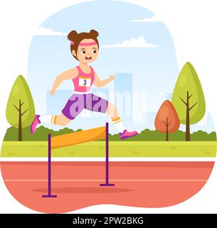 Kindersportler Run Hürde Long Jump Sportsman Game Illustration in Obstacle Running für Webbanner oder Landing Page in handgezeichneten Cartoon-Vorlagen Stock Vektor