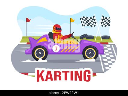 Kart-Sport mit Rennspiel Go Kart oder Mini-Auto auf einer kleinen Rennstrecke in einer flachen, handgezeichneten Schablone Stockfoto