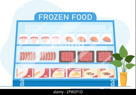 Frozen Food Store mit Produkten, die mit Folie und Beutel gesaugt werden, um frisch zu sein in handgezeichneter Cartoon-Vorlage Illustration Stock Vektor