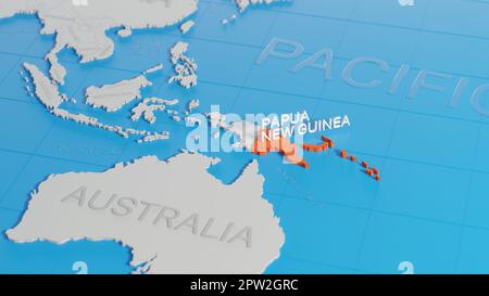 Papua-Neuguinea auf einer weißen vereinfachten 3D-Weltkarte hervorgehoben. Digitales 3D-Rendern. Stockfoto