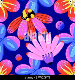 Lebendiges, nahtloses Blumenmuster. Moderne helle Vektorblumen mit schwarzer Umrandung. Ballonstil. Moderne Kunst. Einband, Stoff, Tapete, Geschenkpapier Stock Vektor